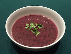 Purple sweet potato and lacinato kale soup