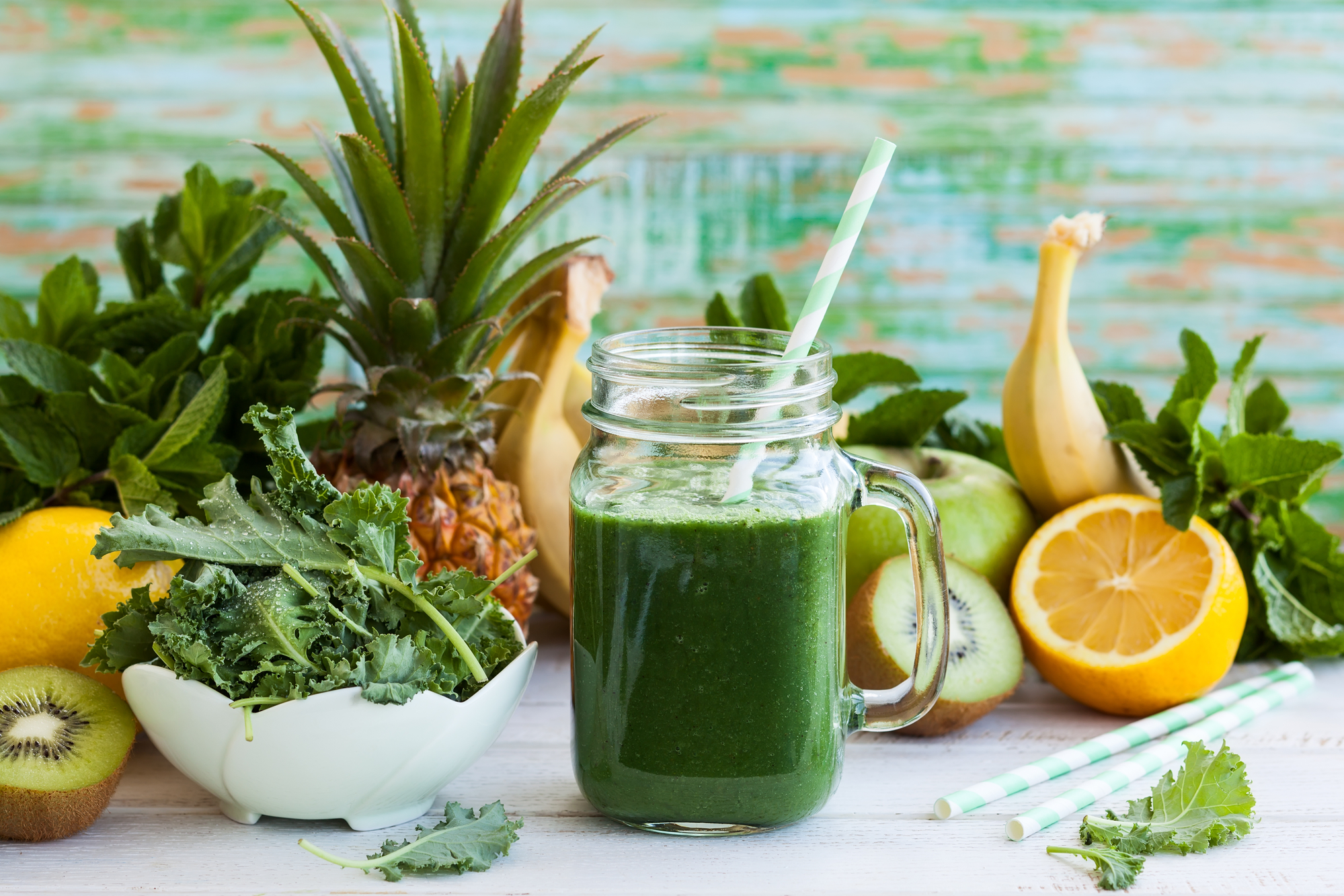 Pineapple kale blueberry banana smoothie